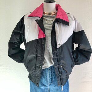 Vintage 80s Ski Lion Puffer Coat Black Asymmetrical Color Block Size M